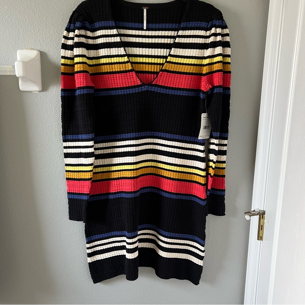 Free People Waffle Knit Gidget Long Sleeve V Neck Sweater Dress NWT Sz M…